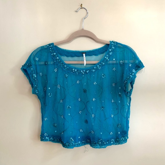 Free People Tops - Free people sequin mesh cropped t-shirt